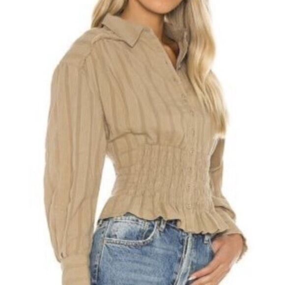 Free‎ People Tammy Button down Tan Size XS Crinkle Smocked Top Collared - Picture 1 of 11